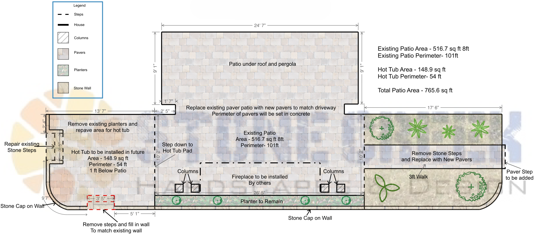 Detailed 2D technical drawing and layout for a custom backyard paver patio installation with dimensions.