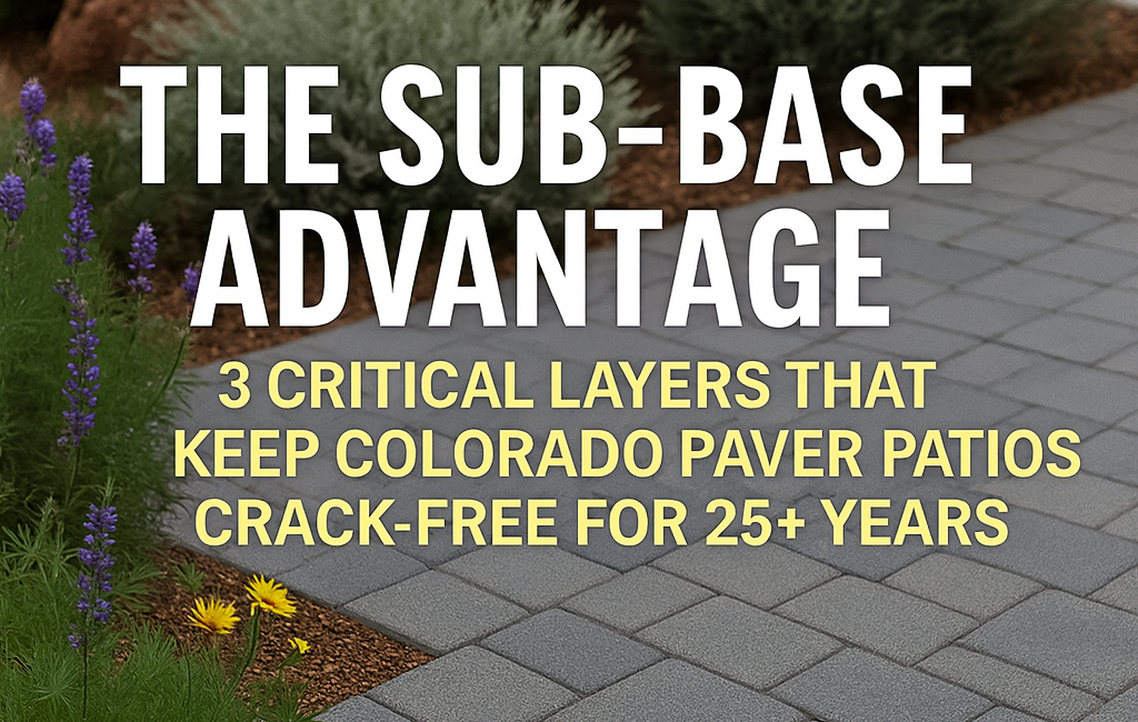 Three-layer paver patio foundation in Colorado showing geotextile fabric, deep road base, and bedding layer for long-term freeze–thaw durability.